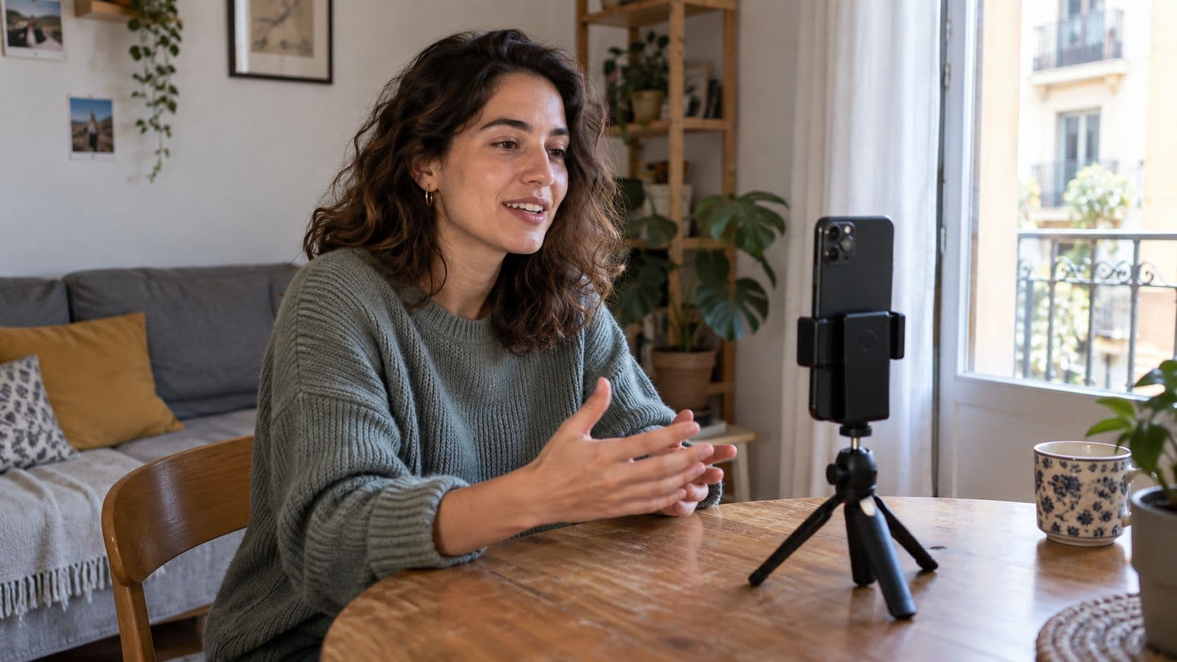 A person records an introduction video at home using a phone on a tripod.