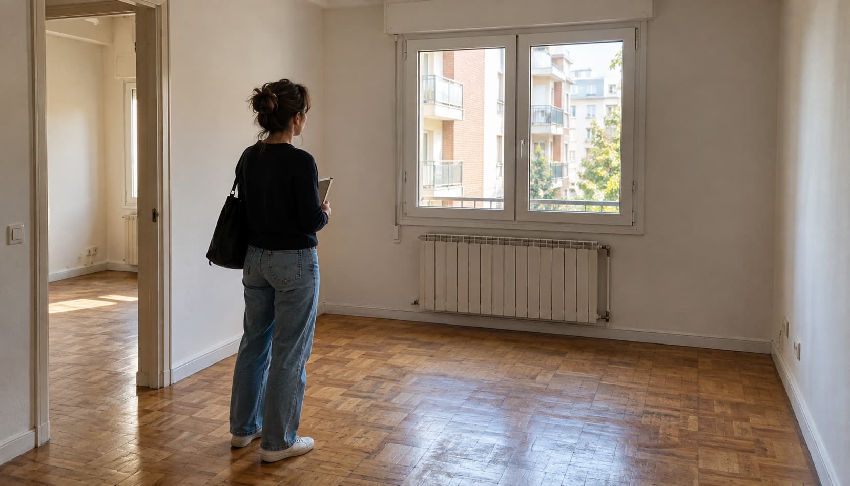 A woman looks at the window of an empty flat during a viewing. Illustrative scene generated with AI.