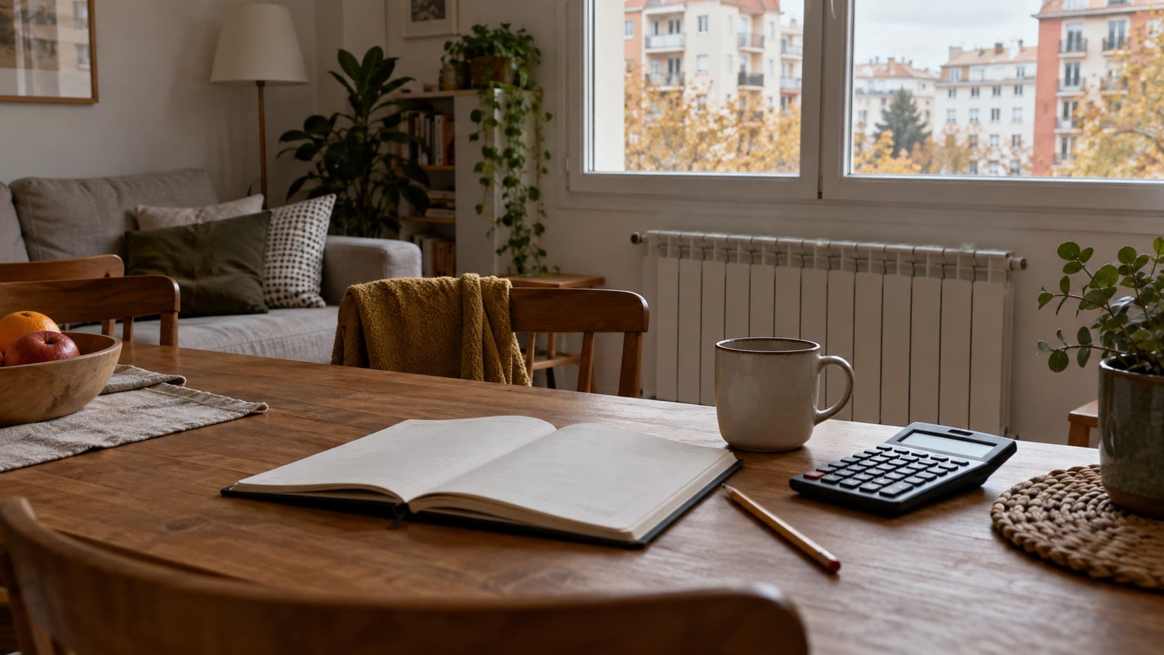Notebook and calculator on a table beside a living room window and radiator.